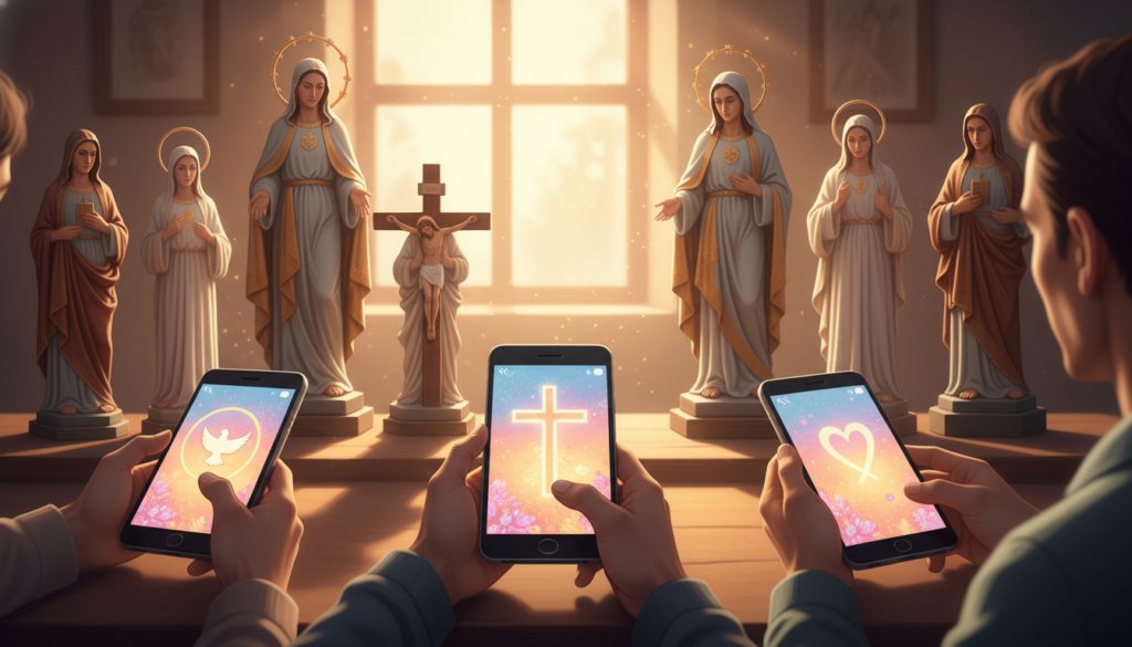 figurinhas religiosas e símbolos religiosos em dispositivos móveis