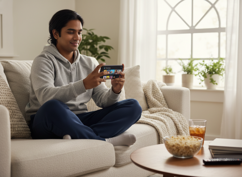 A cozy living room scene featuring a modern smartphone displaying a streaming app interface, showcasing various available shows. In the foreground, a person of diverse descent, dressed in comfortable casual clothing, is sitting on a plush sofa, gazing at the phone with a look of contentment. The middle ground includes a small coffee table adorned with snacks and a drink, enhancing the relaxed atmosphere. In the background, a softly lit window allows natural light to filter in, creating a warm and inviting ambiance. The scene captures the essence of enjoying free streaming content on a mobile device, conveying a sense of ease and accessibility. The overall mood is relaxed and cheerful, emphasizing the convenience of online television viewing.