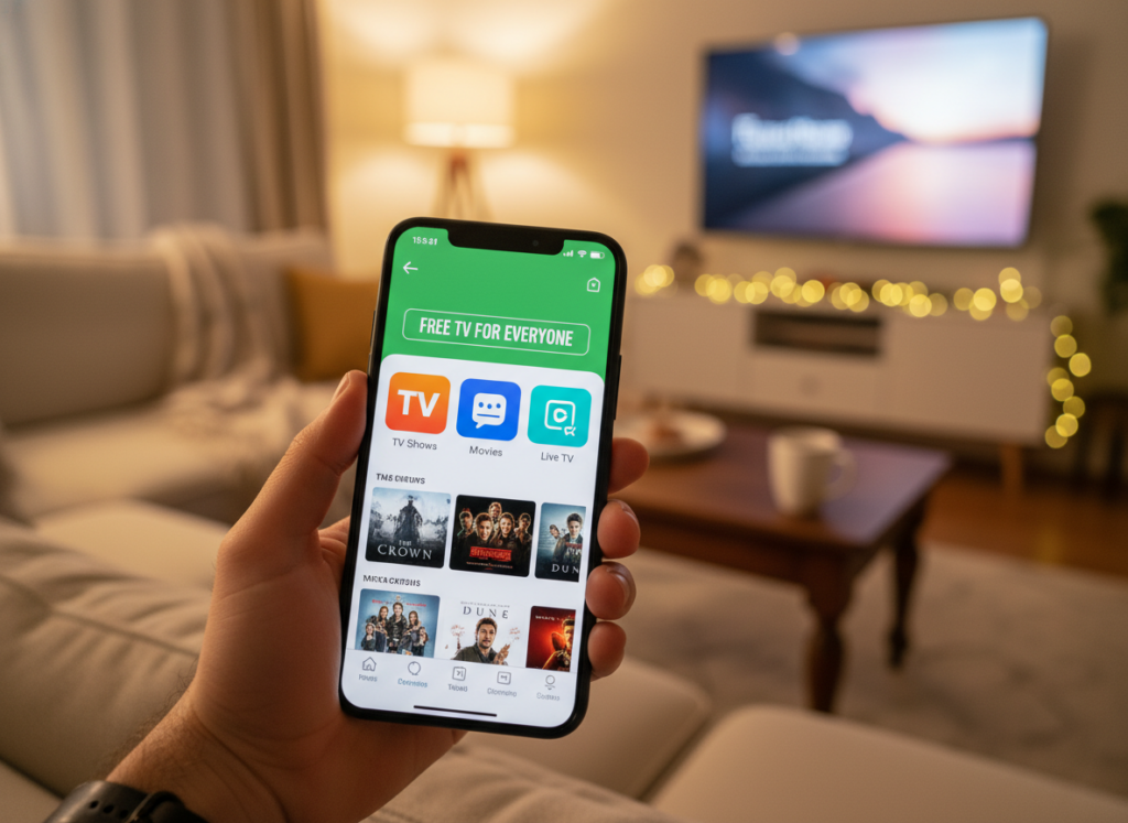 A smartphone displaying a vibrant and user-friendly TV application interface on its screen, set against a cozy living room scene. In the foreground, the phone is held in a person’s hand, showcasing the app with options for watching TV shows and movies. The middle ground features a comfortable sofa and a coffee table, creating a relaxed atmosphere. In the background, there is a softly lit TV, adding to the ambiance. The room is illuminated by warm, inviting lighting, suggesting an evening setting. The focus is on the phone, with the surrounding elements slightly blurred to draw attention to the app. The overall mood is cheerful and accessible, emphasizing the convenience of free TV apps on mobile devices.